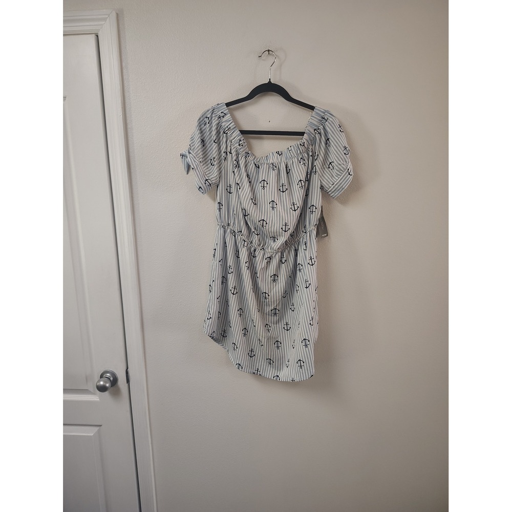 Hint of Blush Womens XL Nautical Anchor Stripe Off Shoulder Elastic Waist Top